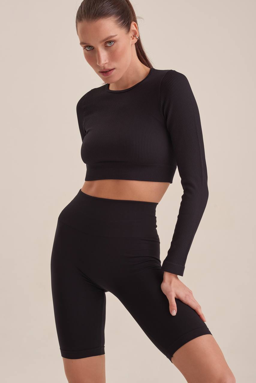 Къс лонгслив Power Rib — Black